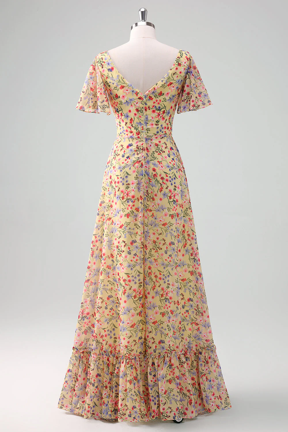 Yellow Flower Printed A-Line V-neck Short Sleeves Long Prom Dress - Image 4