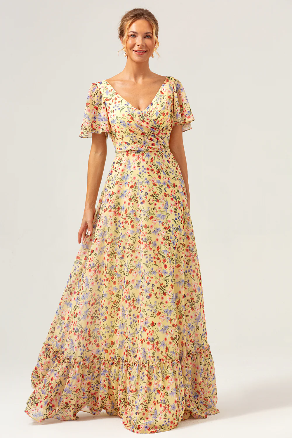 Yellow Flower Printed A-Line V-neck Short Sleeves Long Prom Dress - Image 5