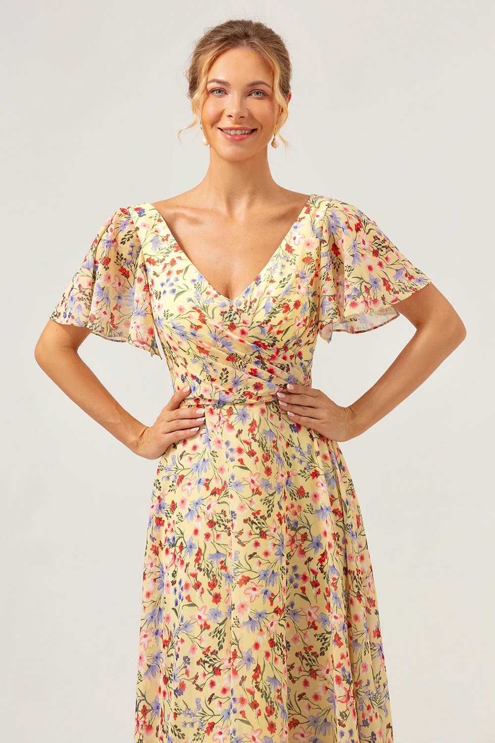 Yellow Flower Printed A-Line V-neck Short Sleeves Long Prom Dress - Image 6