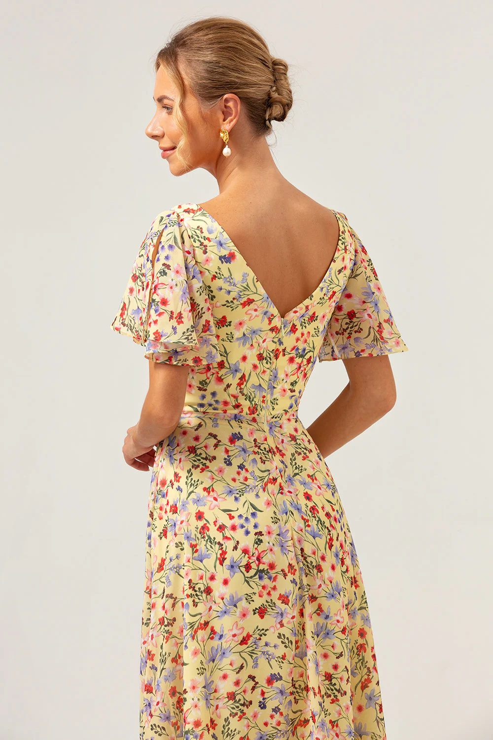 Yellow Flower Printed A-Line V-neck Short Sleeves Long Prom Dress - Image 7