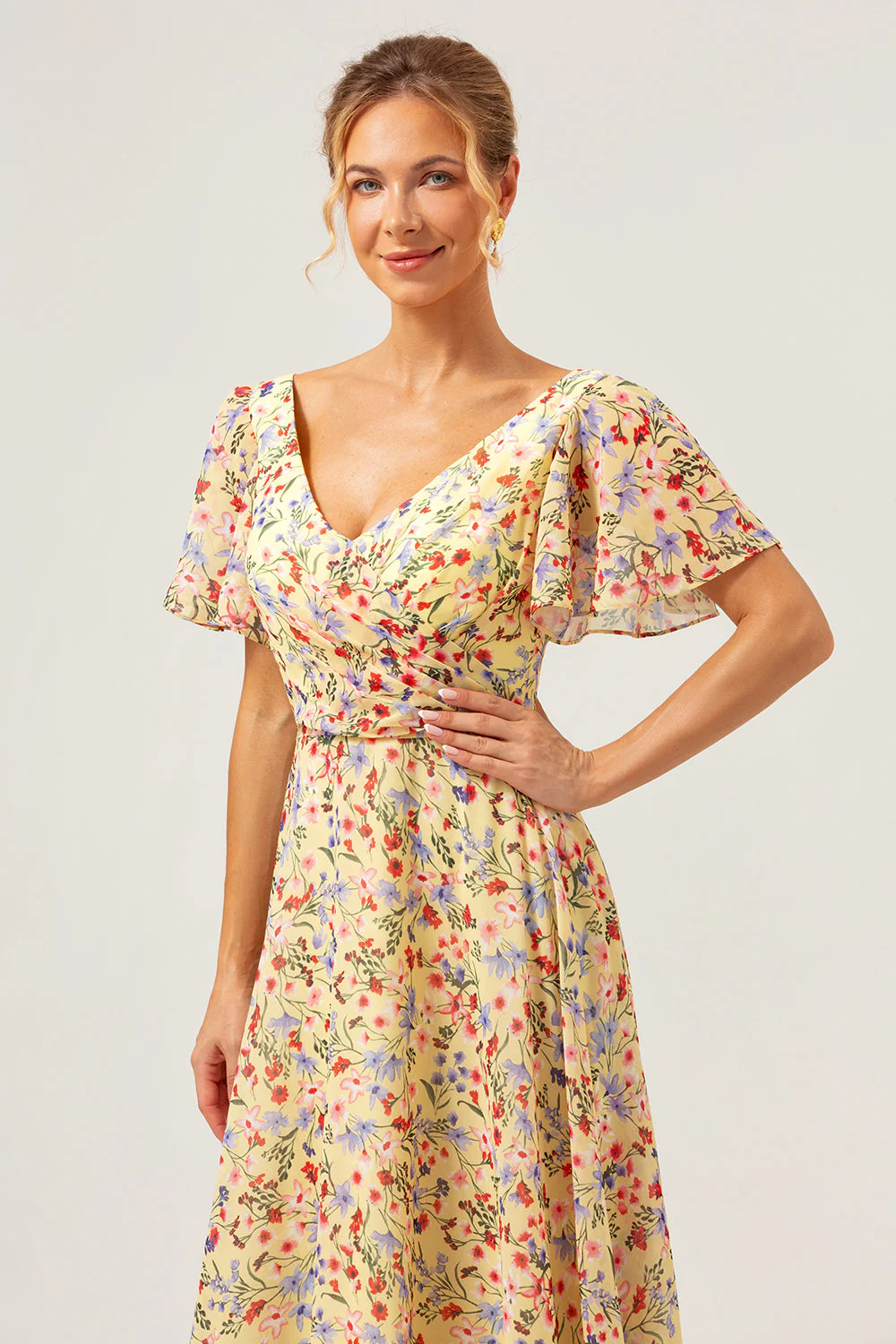 Yellow Flower Printed A-Line V-neck Short Sleeves Long Prom Dress - Image 8