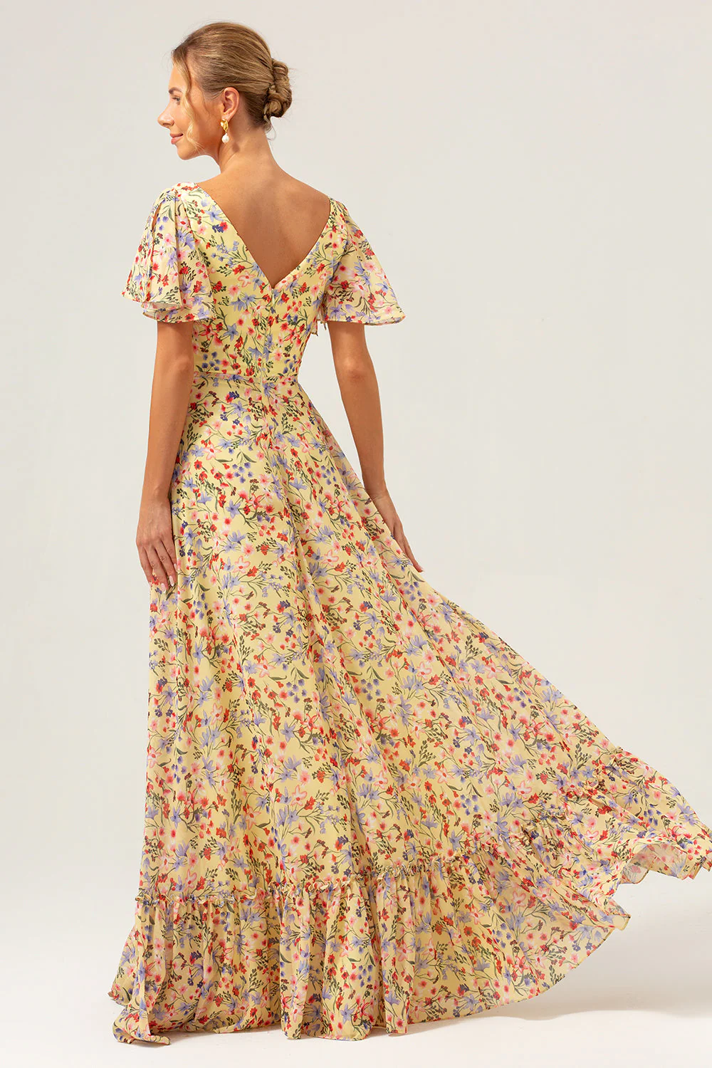 Yellow Flower Printed Chiffon A-Line V-neck Short Sleeves Long Prom Dress - Image 4