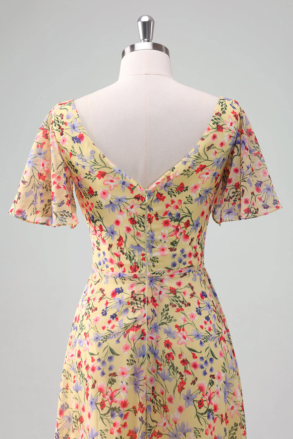 Yellow Flower Printed Chiffon A-Line V-neck Short Sleeves Long Prom Dress - Image 7