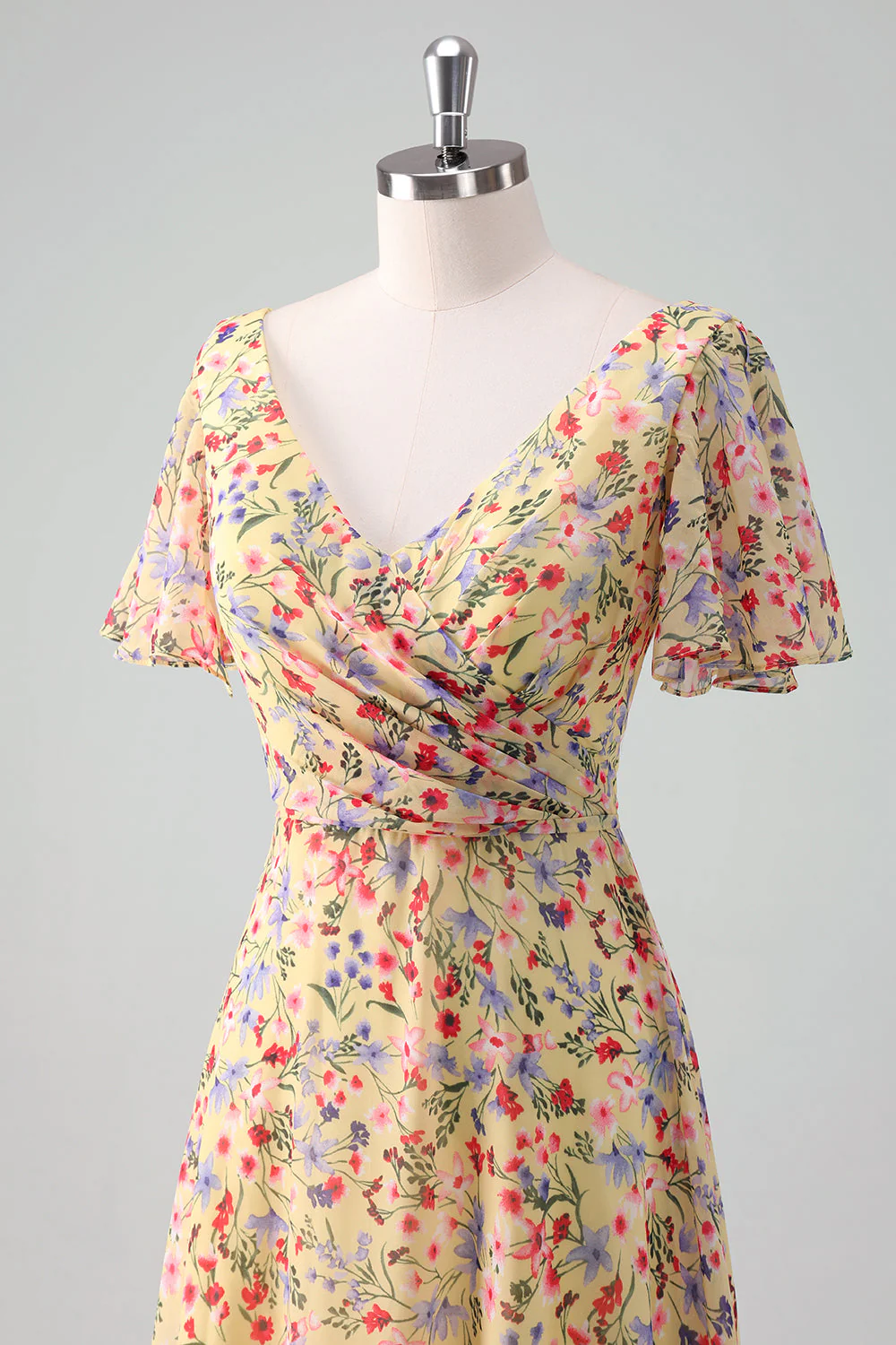 Yellow Flower Printed Chiffon A-Line V-neck Short Sleeves Long Prom Dress - Image 8