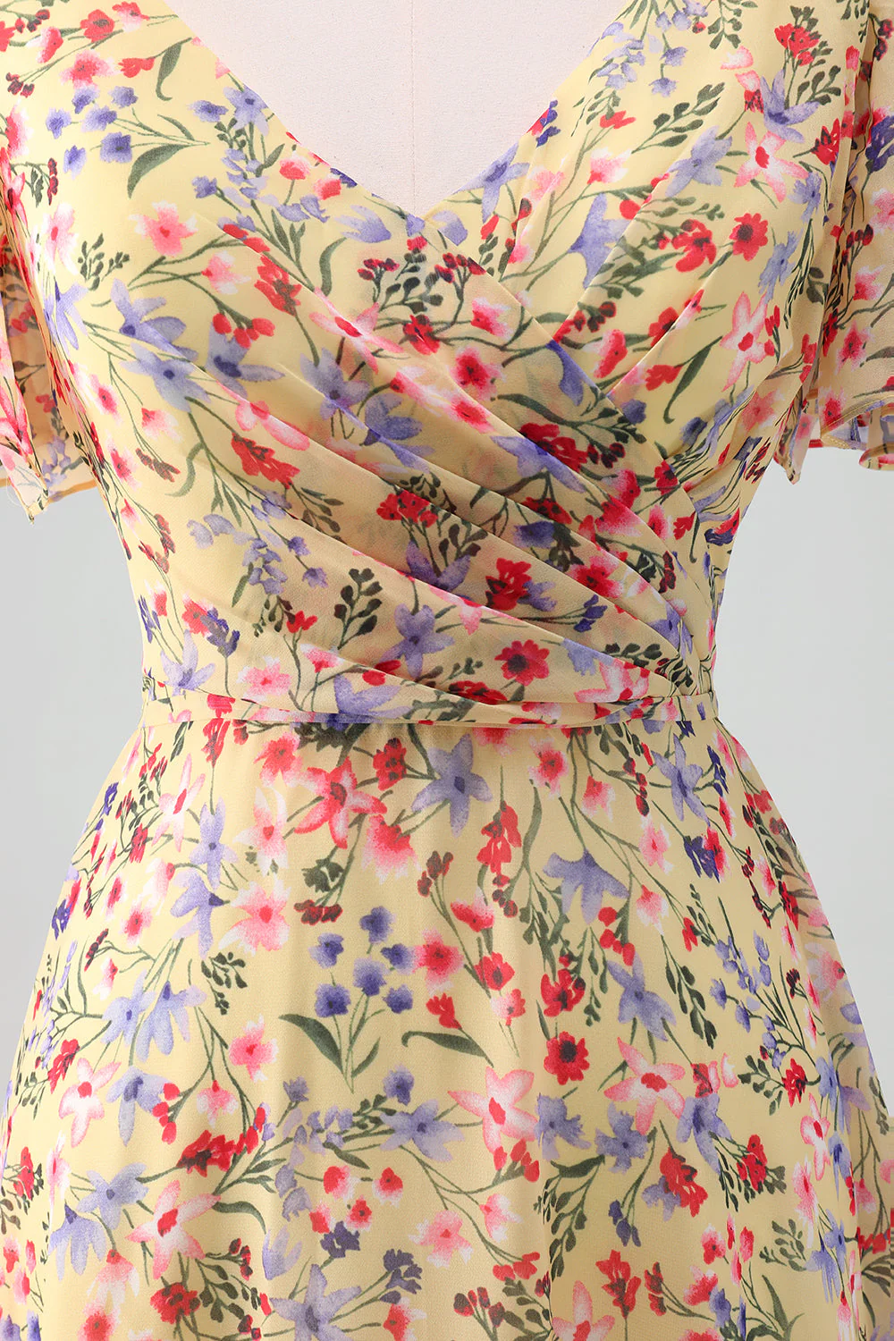 Yellow Flower Printed Chiffon A-Line V-neck Short Sleeves Long Prom Dress - Image 9