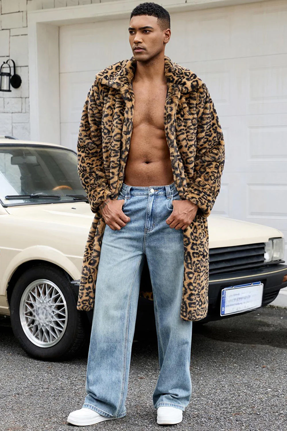 Yellow Leopard Faux Fur Open Front Warmth Men's Winter Coat - Image 2
