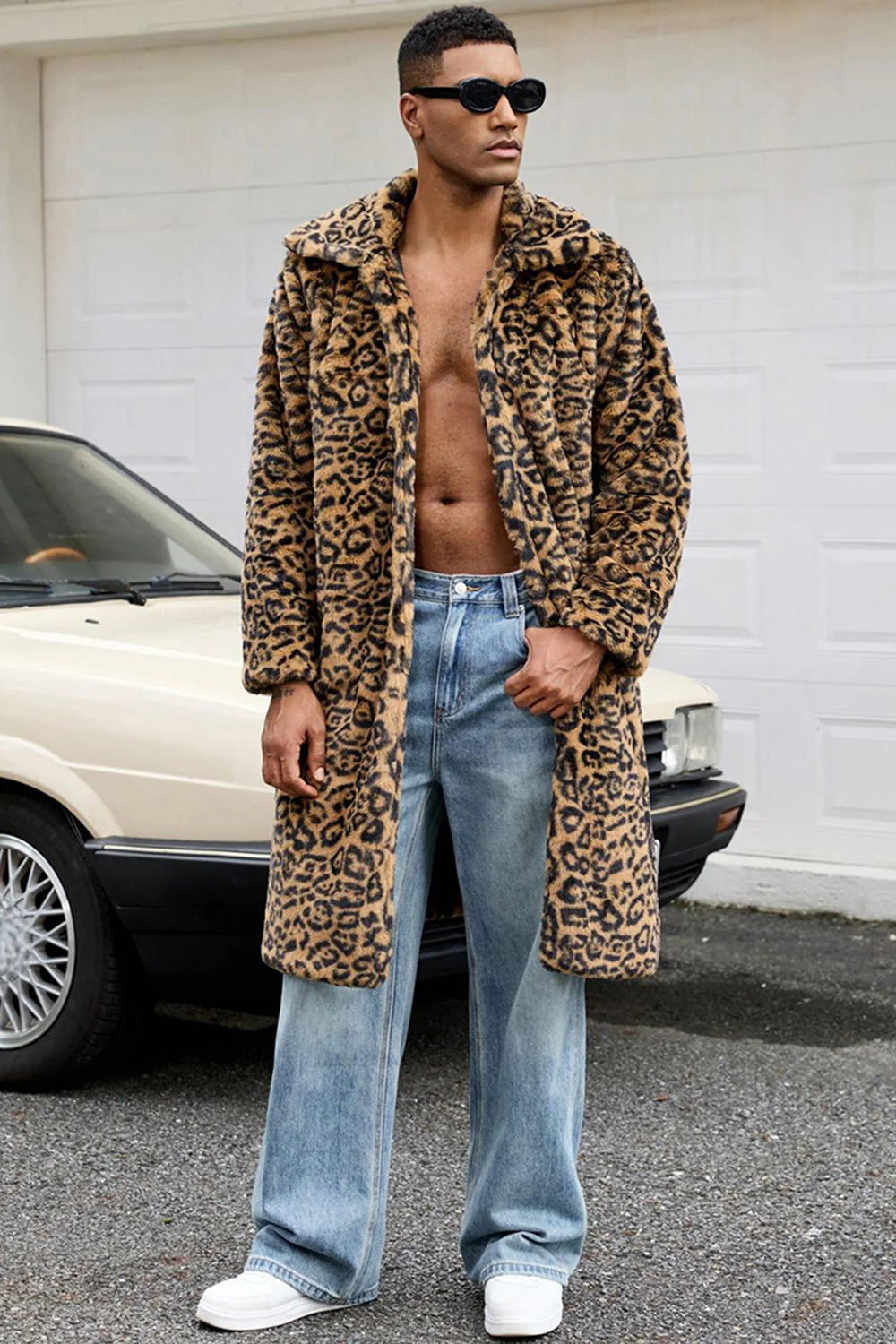 Yellow Leopard Faux Fur Open Front Warmth Men's Winter Coat - Image 3