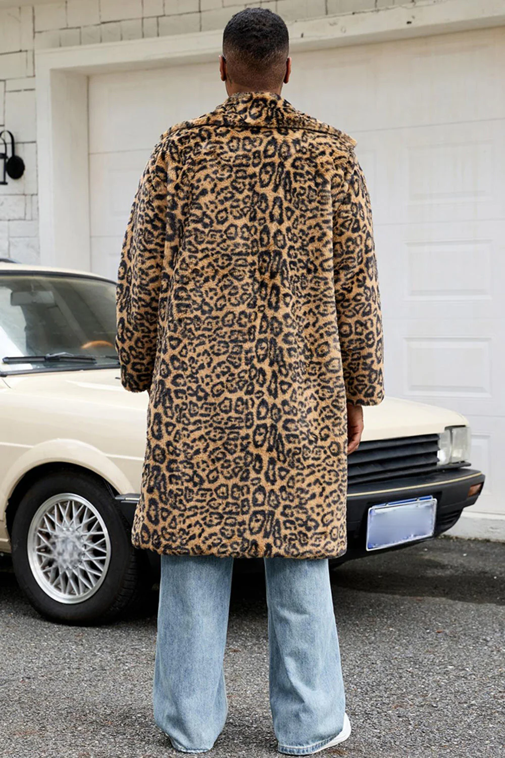 Yellow Leopard Faux Fur Open Front Warmth Men's Winter Coat - Image 4