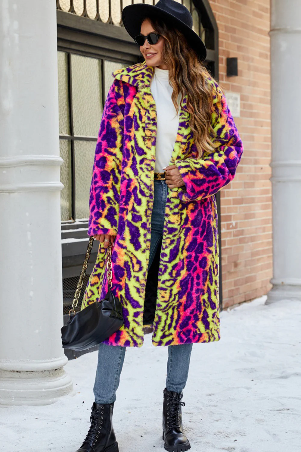 Yellow Leopard Faux Fur Shawl Lapel Midi Women Coat - Image 3