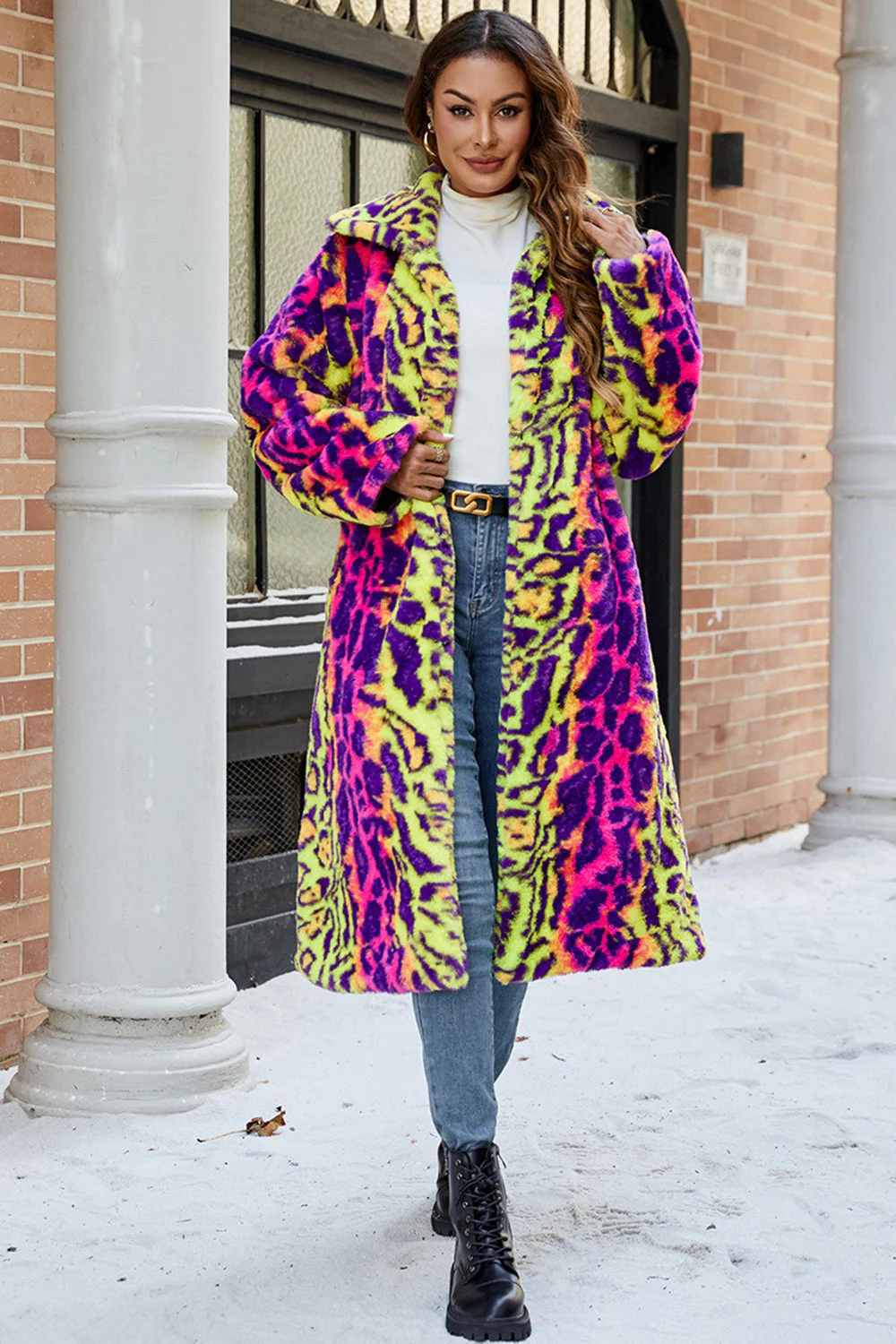 Yellow Leopard Faux Fur Shawl Lapel Midi Women Coat - Image 4