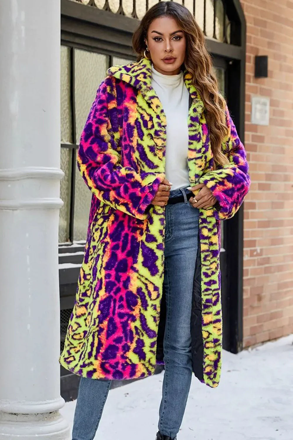 Yellow Leopard Faux Fur Shawl Lapel Midi Women Coat - Image 5