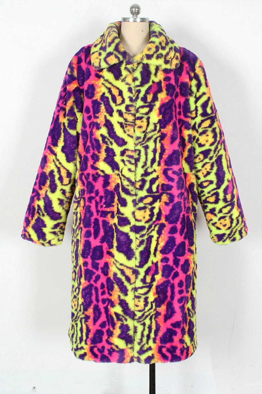 Yellow Leopard Faux Fur Shawl Lapel Midi Women Coat - Image 6