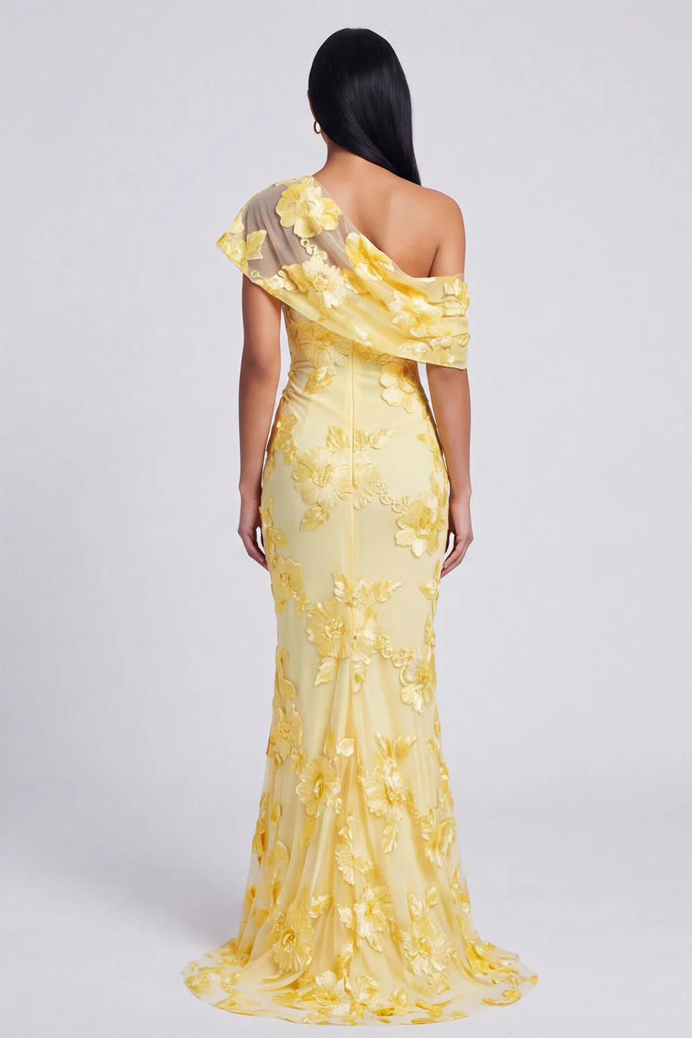 Yellow Mermaid Asymmetrical Neck Maxi Dress with Embroidery - Image 2
