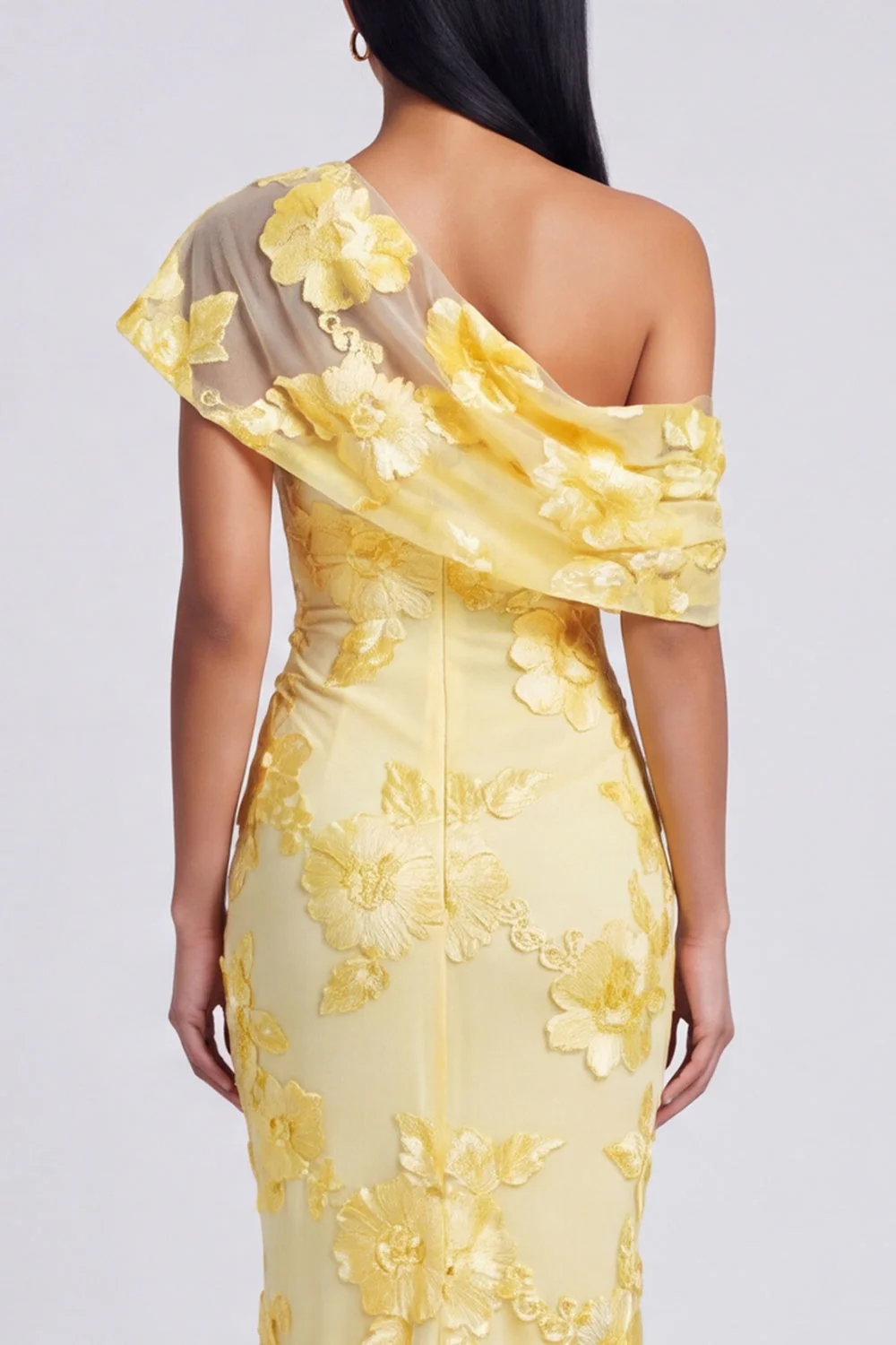 Yellow Mermaid Asymmetrical Neck Maxi Dress with Embroidery - Image 4