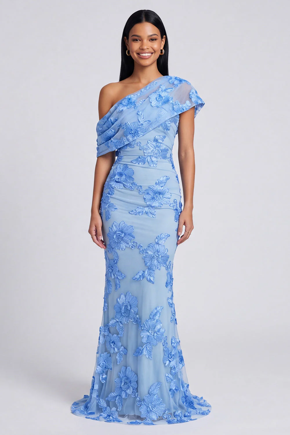 Yellow Mermaid Asymmetrical Neck Maxi Dress with Embroidery - Image 5