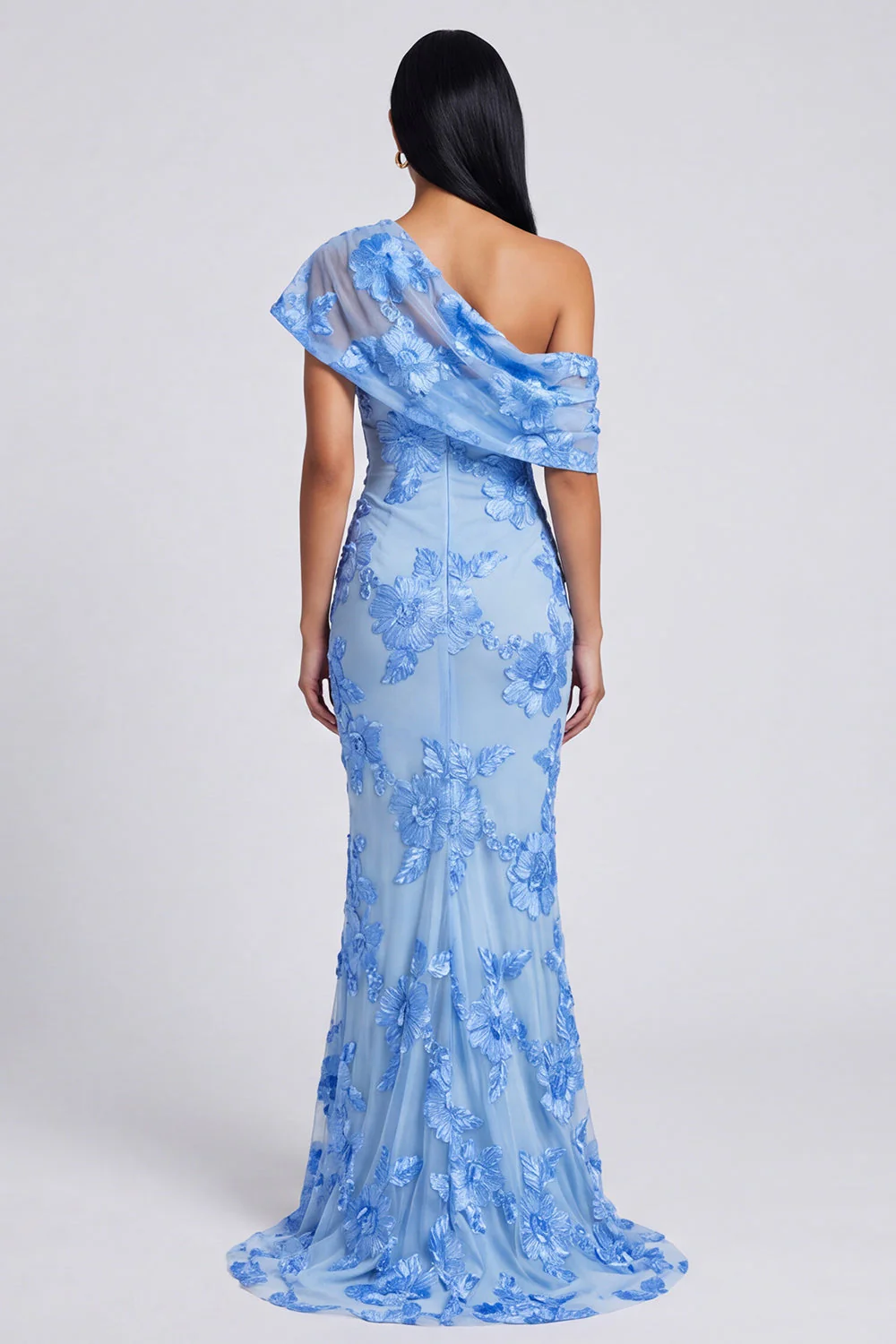 Yellow Mermaid Asymmetrical Neck Maxi Dress with Embroidery - Image 6
