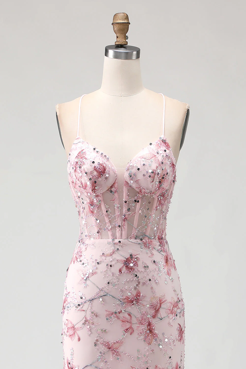 Yellow Mermaid Corset Floral Lace Up Back Long Prom Dress with Sequins - Image 10