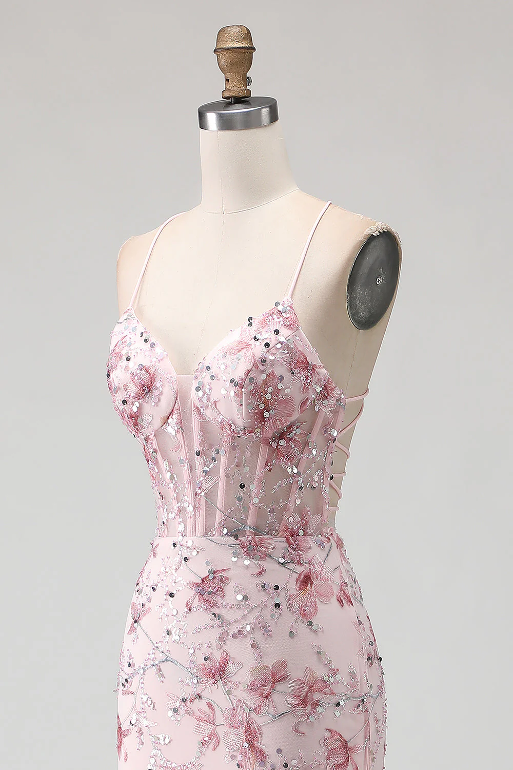 Yellow Mermaid Corset Floral Lace Up Back Long Prom Dress with Sequins - Image 12