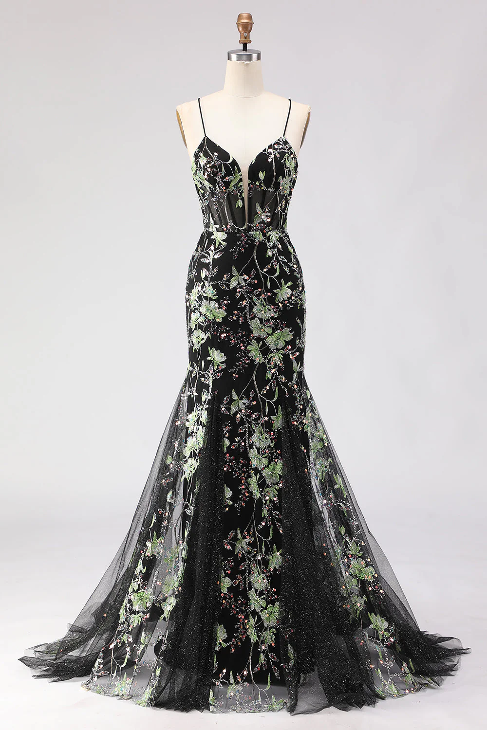 Yellow Mermaid Corset Floral Lace Up Back Long Prom Dress with Sequins - Image 13