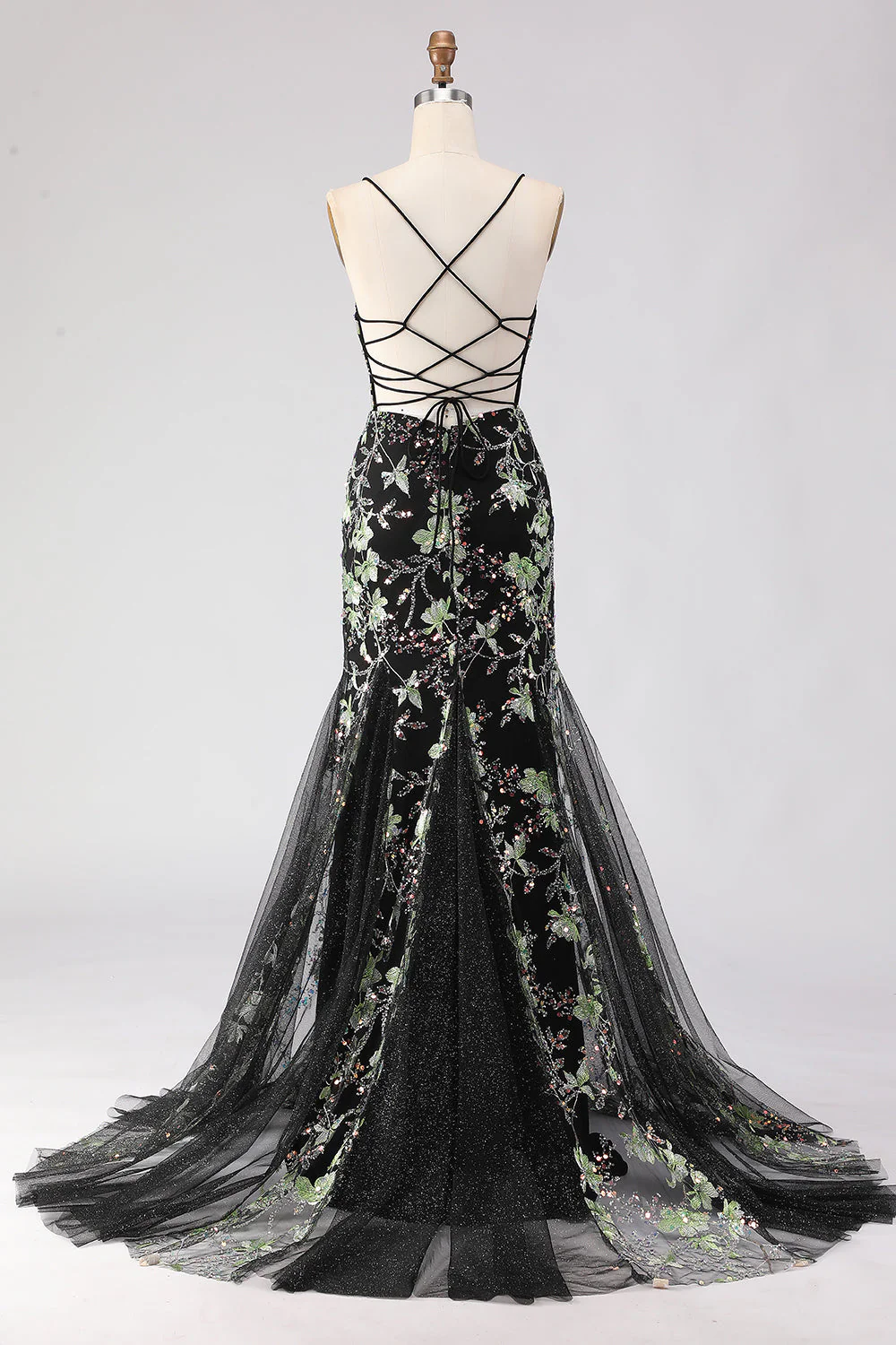 Yellow Mermaid Corset Floral Lace Up Back Long Prom Dress with Sequins - Image 14