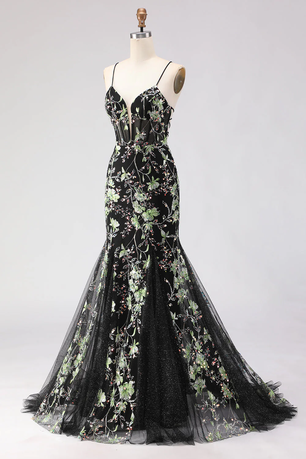 Yellow Mermaid Corset Floral Lace Up Back Long Prom Dress with Sequins - Image 15