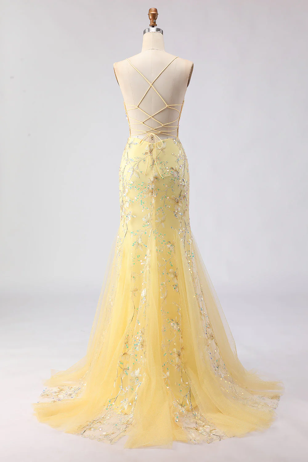 Yellow Mermaid Corset Floral Lace Up Back Long Prom Dress with Sequins - Image 2