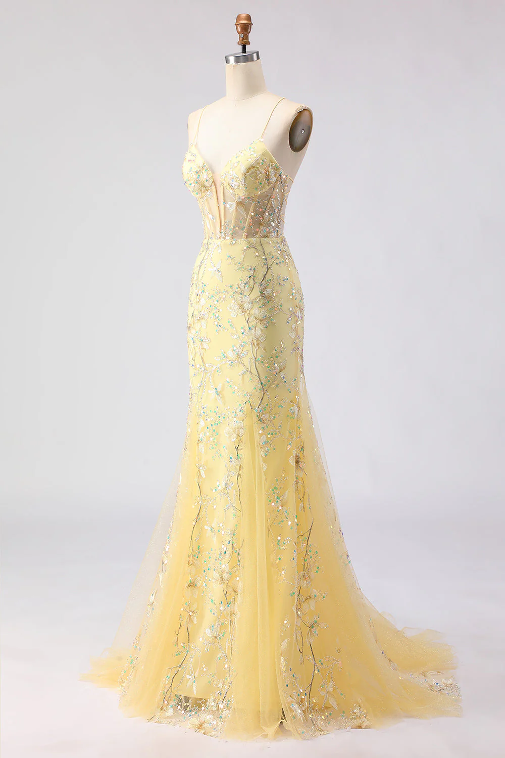 Yellow Mermaid Corset Floral Lace Up Back Long Prom Dress with Sequins - Image 3