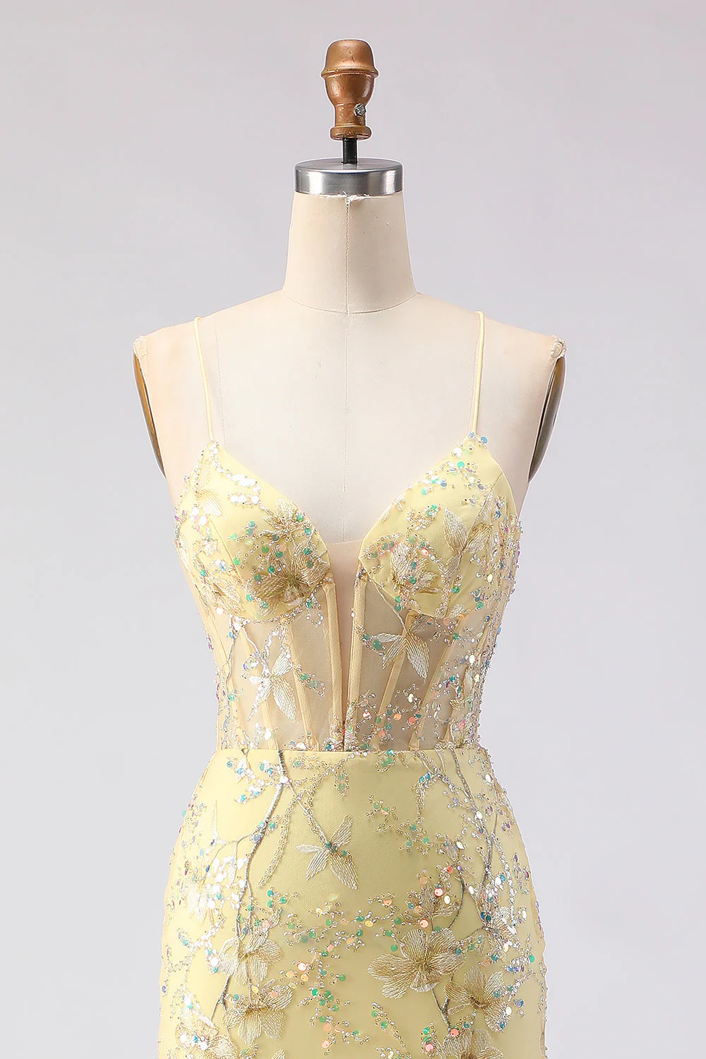 Yellow Mermaid Corset Floral Lace Up Back Long Prom Dress with Sequins - Image 4