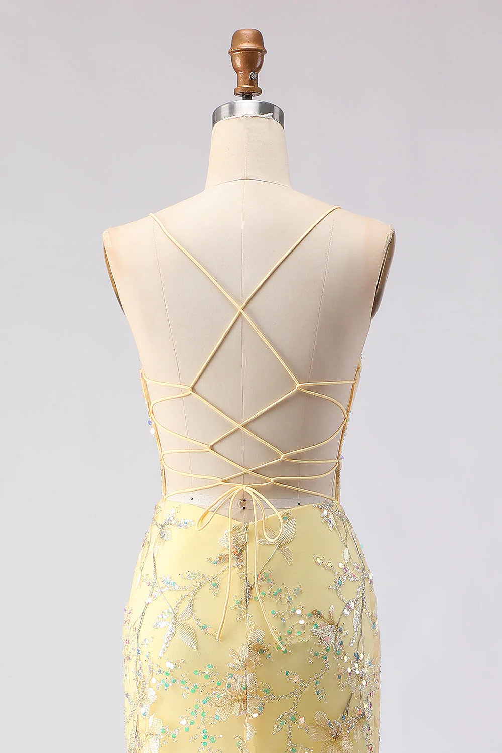 Yellow Mermaid Corset Floral Lace Up Back Long Prom Dress with Sequins - Image 5