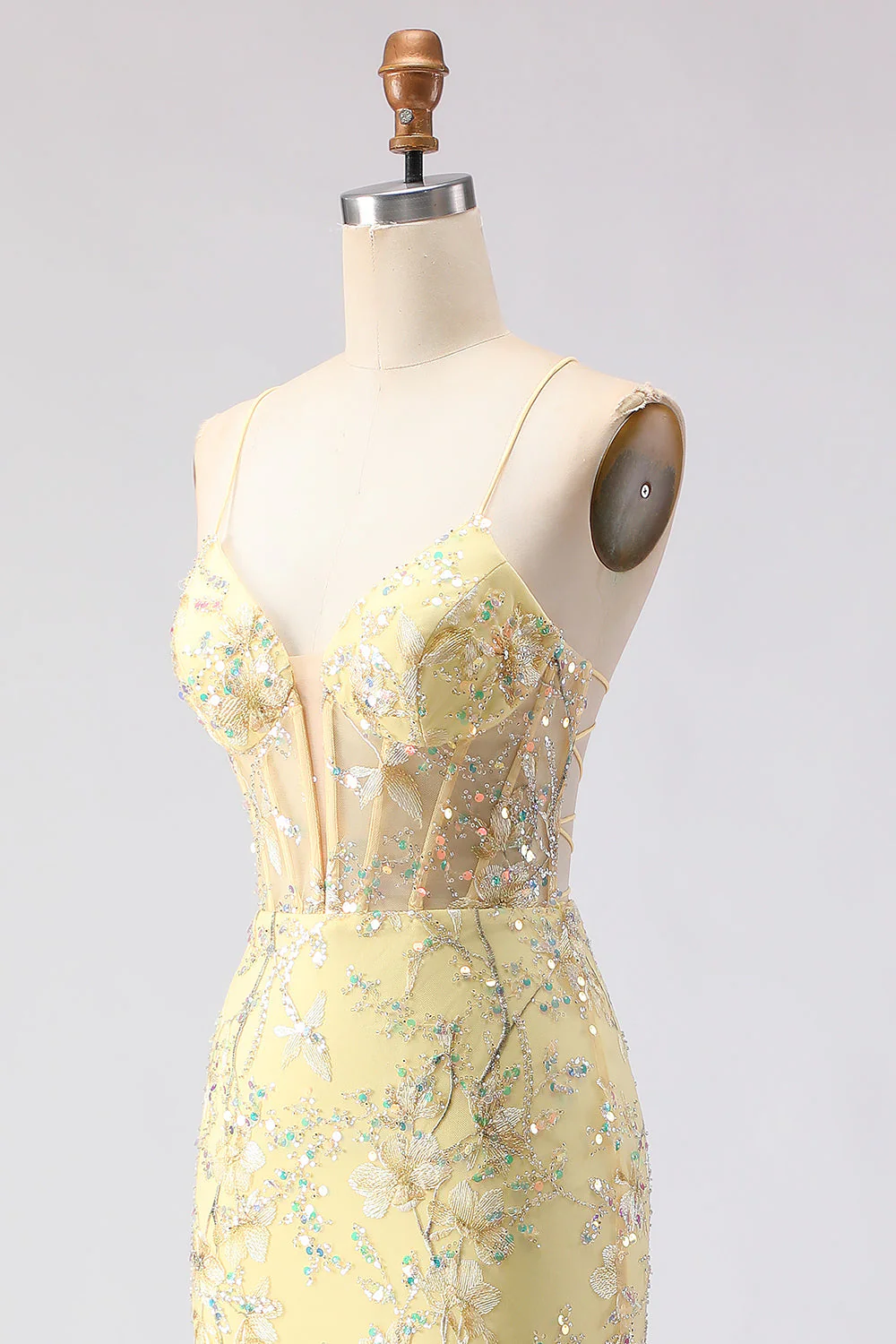 Yellow Mermaid Corset Floral Lace Up Back Long Prom Dress with Sequins - Image 6