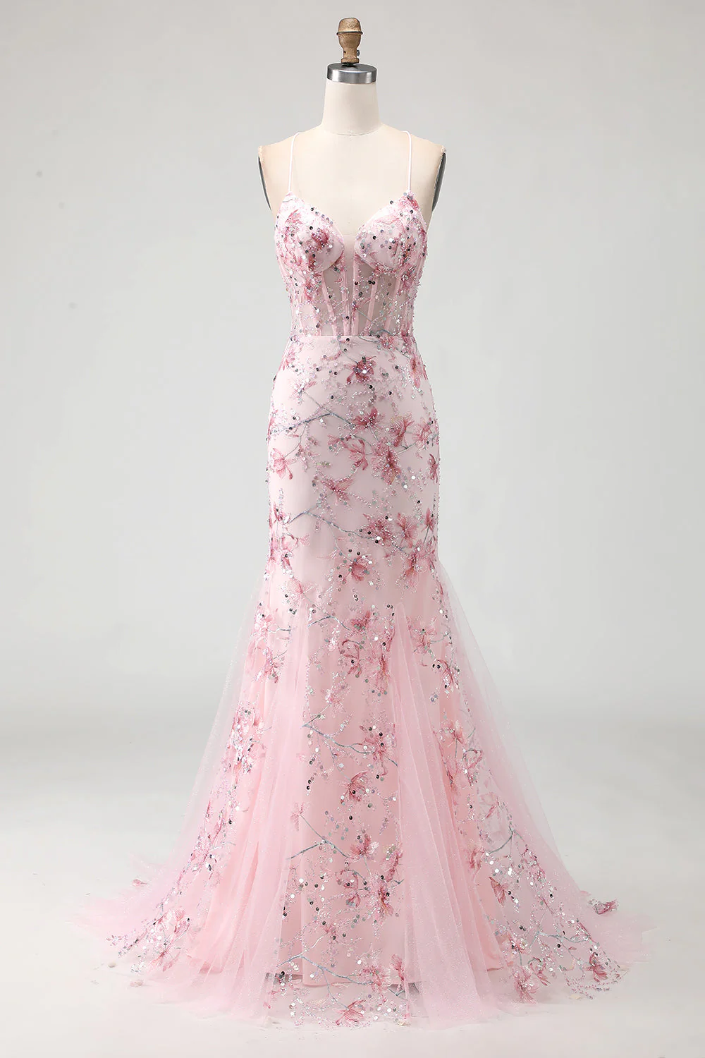 Yellow Mermaid Corset Floral Lace Up Back Long Prom Dress with Sequins - Image 7