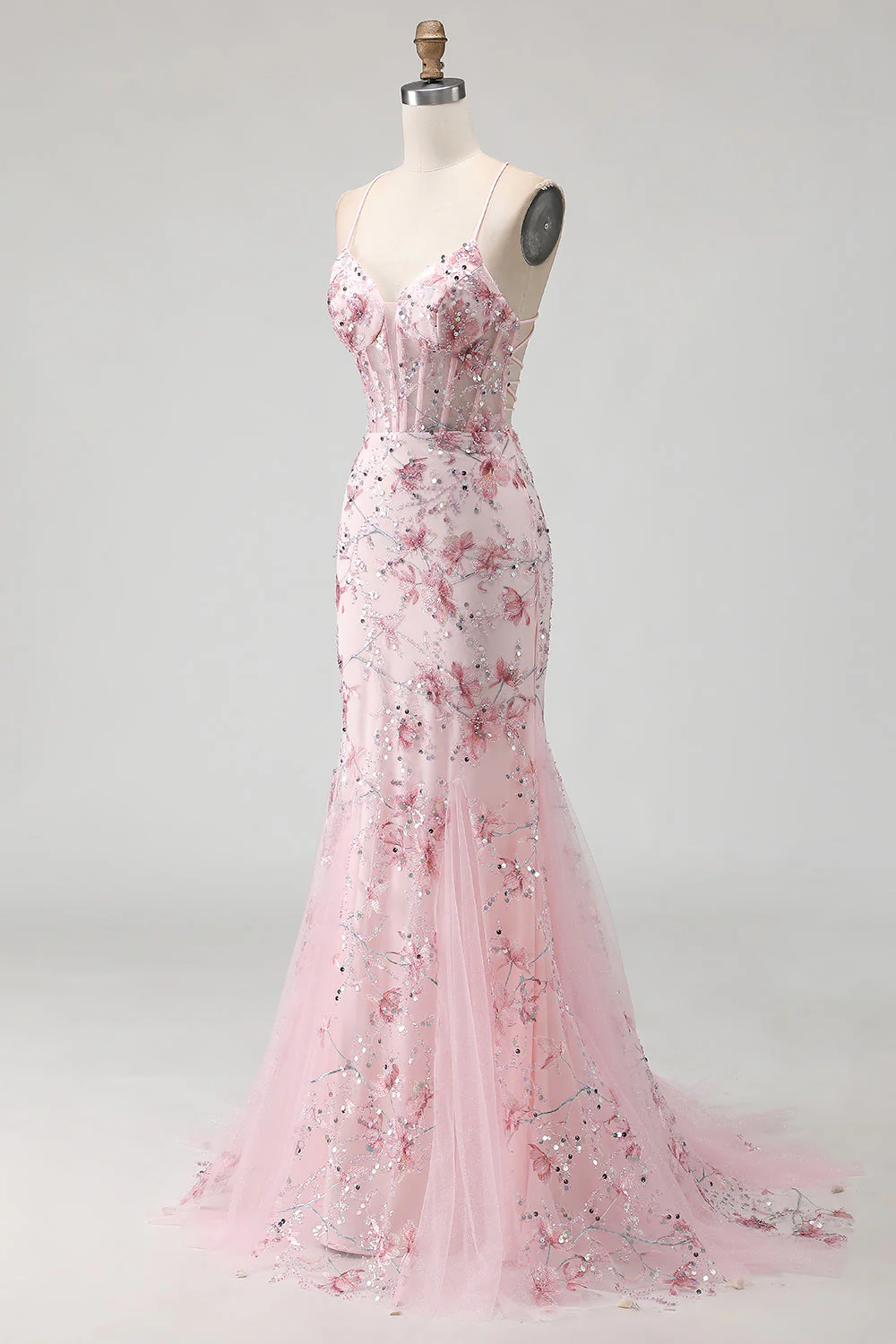 Yellow Mermaid Corset Floral Lace Up Back Long Prom Dress with Sequins - Image 9