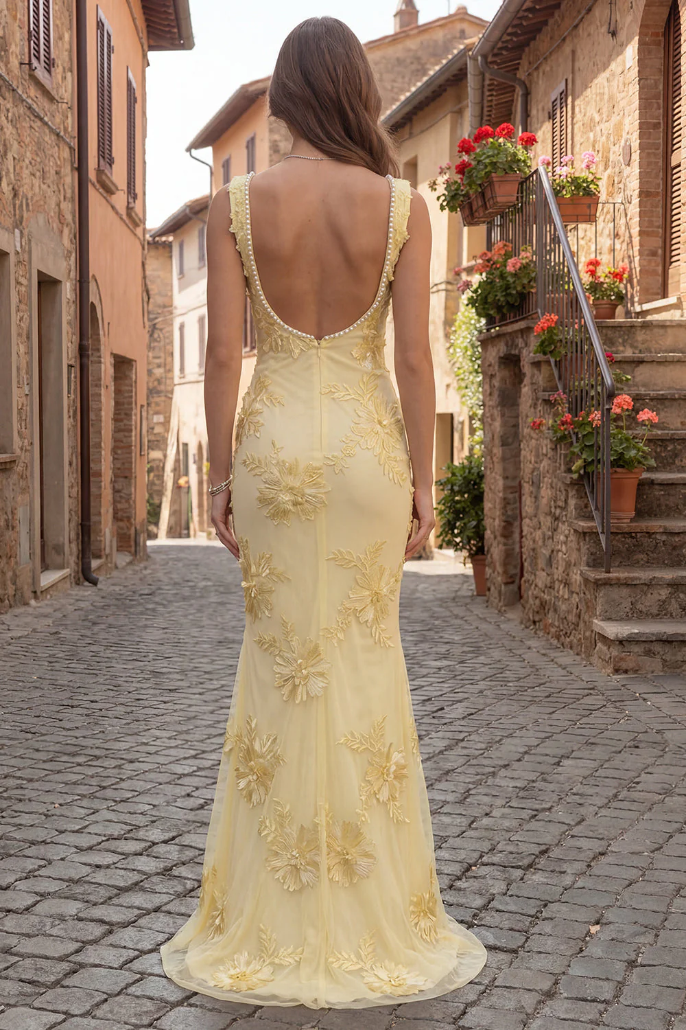 Yellow Mermaid Embroidered Square Neck Long Prom Dress - Image 2