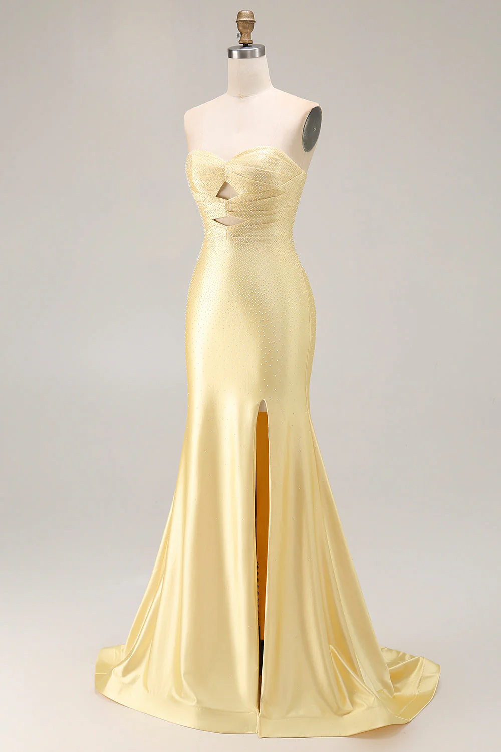 Yellow Mermaid Strapless Beaded Cut-Out Long Prom Dress With Slit - Image 5