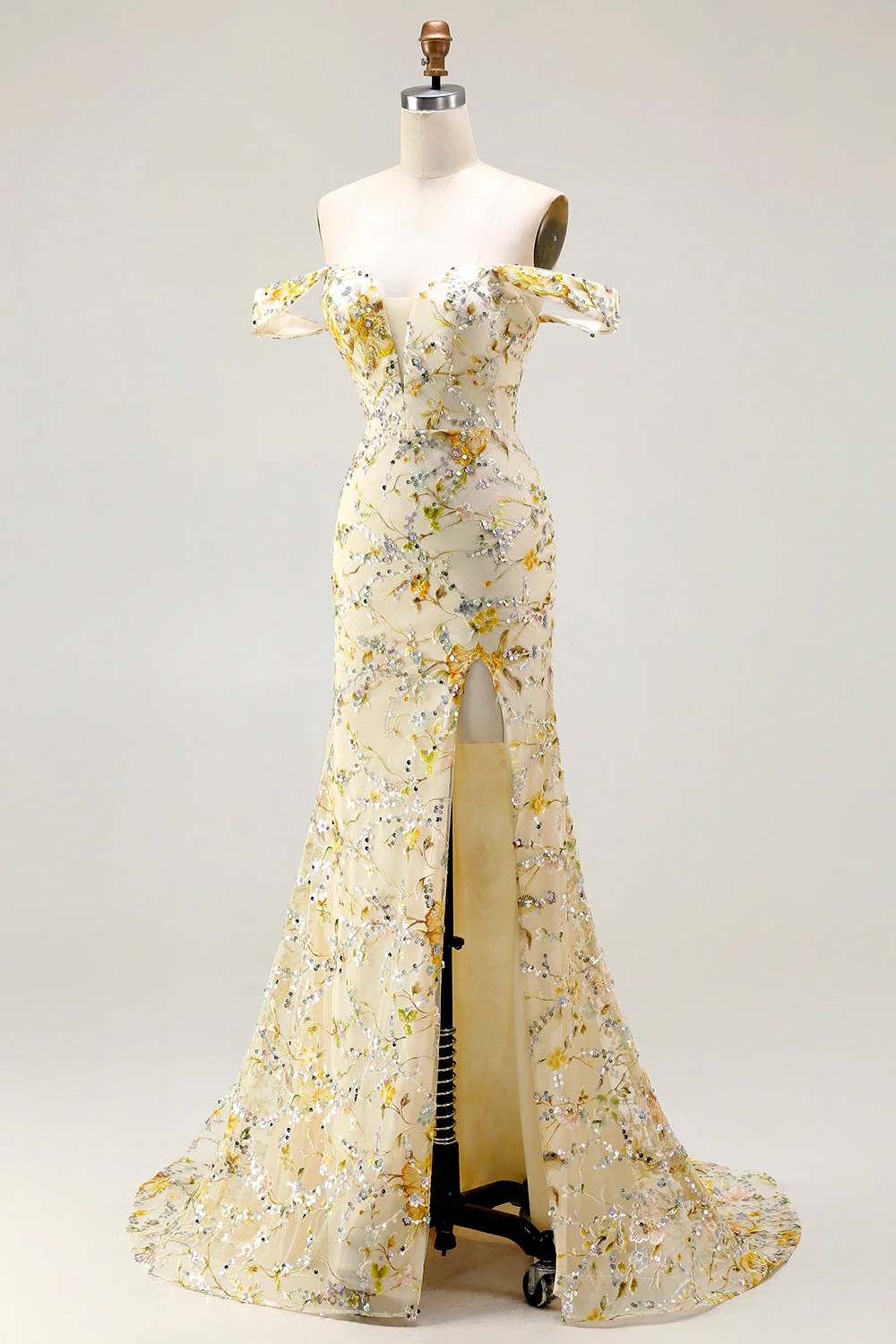 Yellow Off the Shoulder Mermaid Sequin Long Prom Dress with Embroidery - Image 3