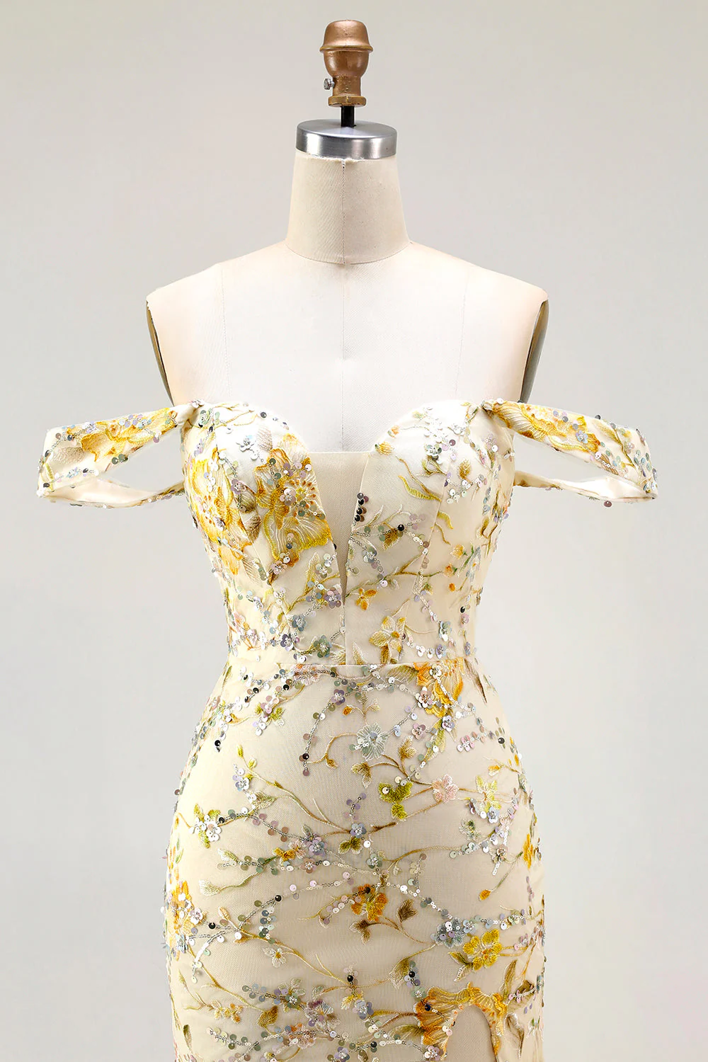 Yellow Off the Shoulder Mermaid Sequin Long Prom Dress with Embroidery - Image 4
