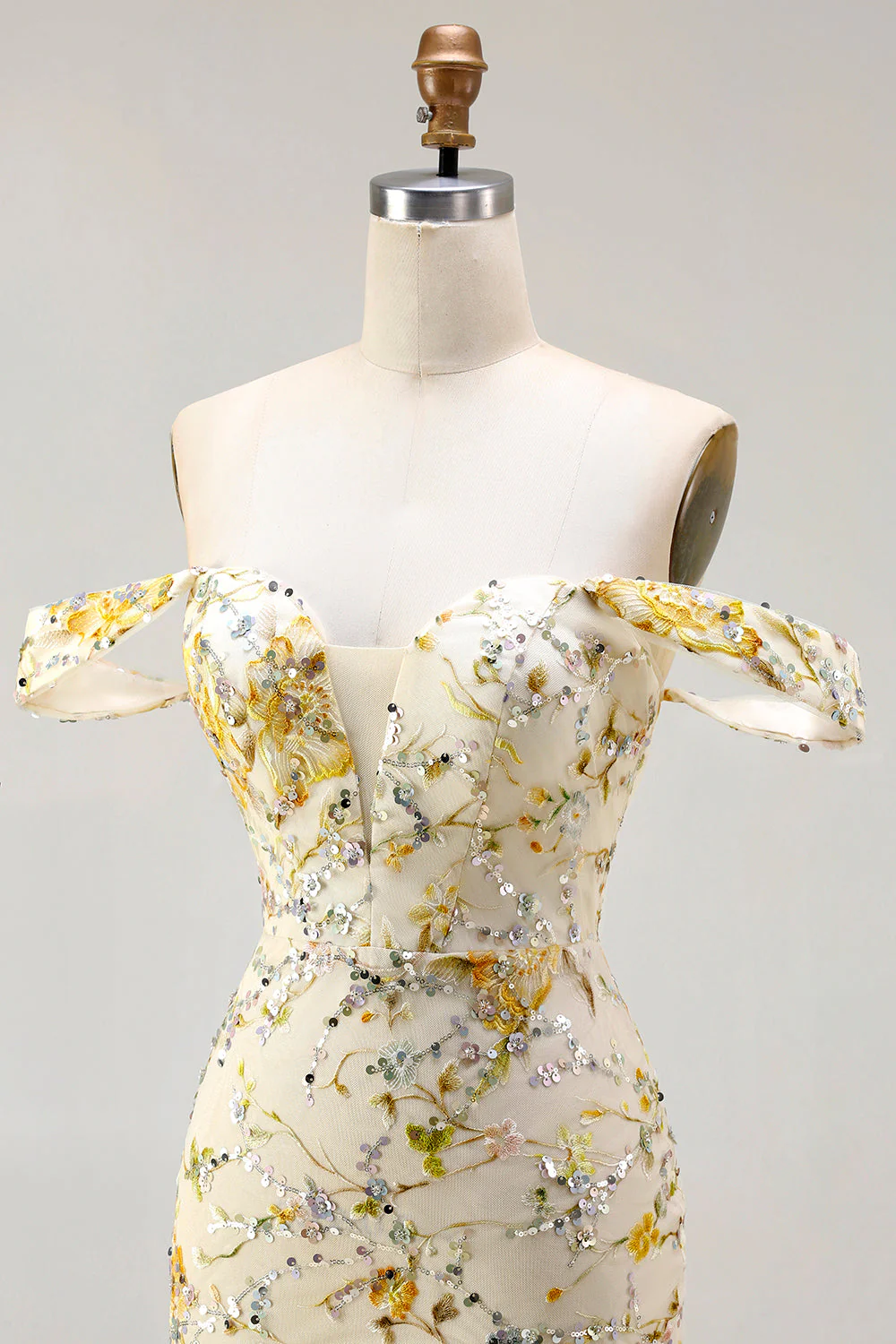 Yellow Off the Shoulder Mermaid Sequin Long Prom Dress with Embroidery - Image 6