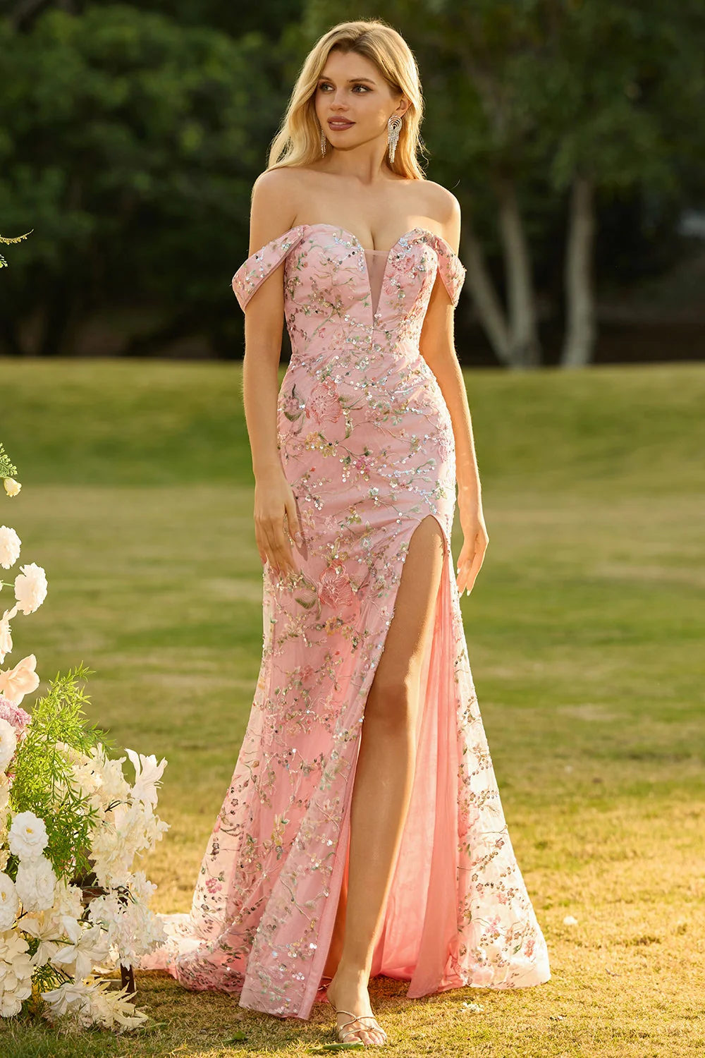 Yellow Mermaid Off The Shoulder Sequins Long Prom Dress with Slit - Image 9