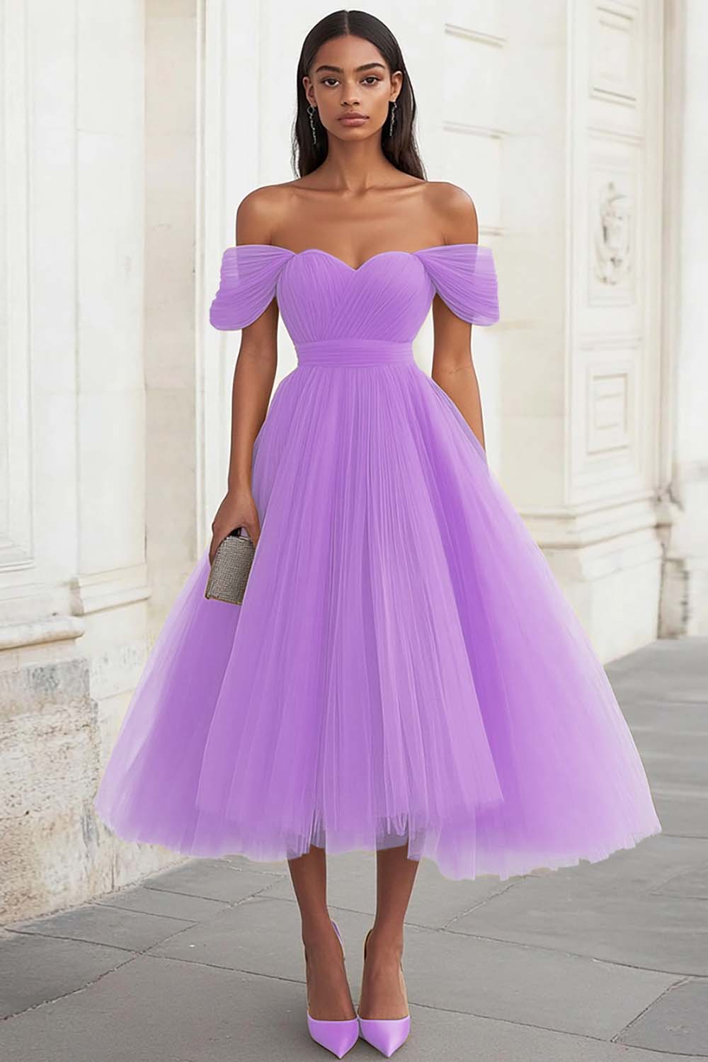 Yellow Off the Shoulder Tulle Pleated Long Prom Dress - Image 10