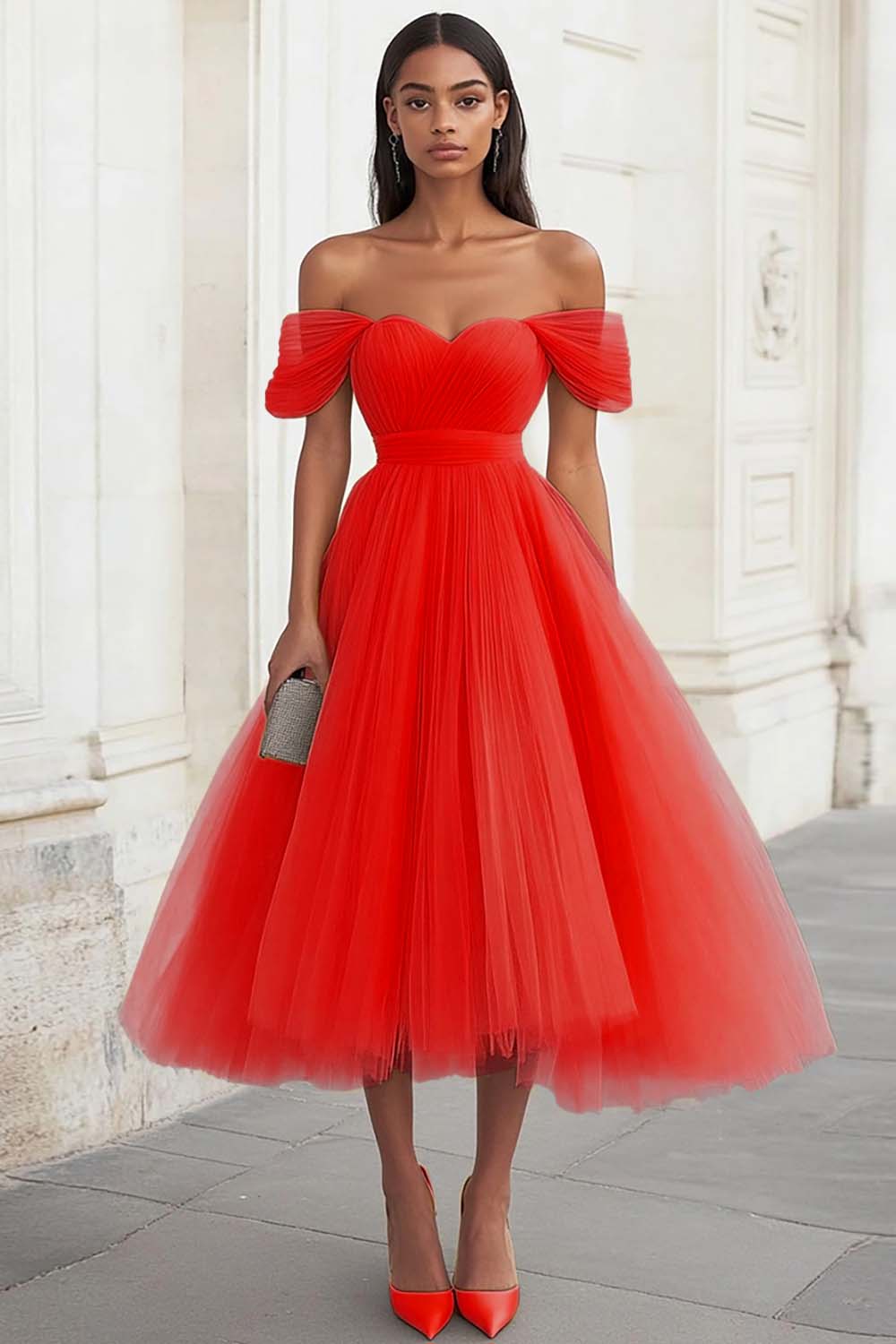 Yellow Off the Shoulder Tulle Pleated Long Prom Dress - Image 11