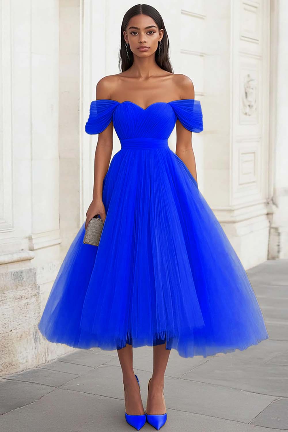 Yellow Off the Shoulder Tulle Pleated Long Prom Dress - Image 12