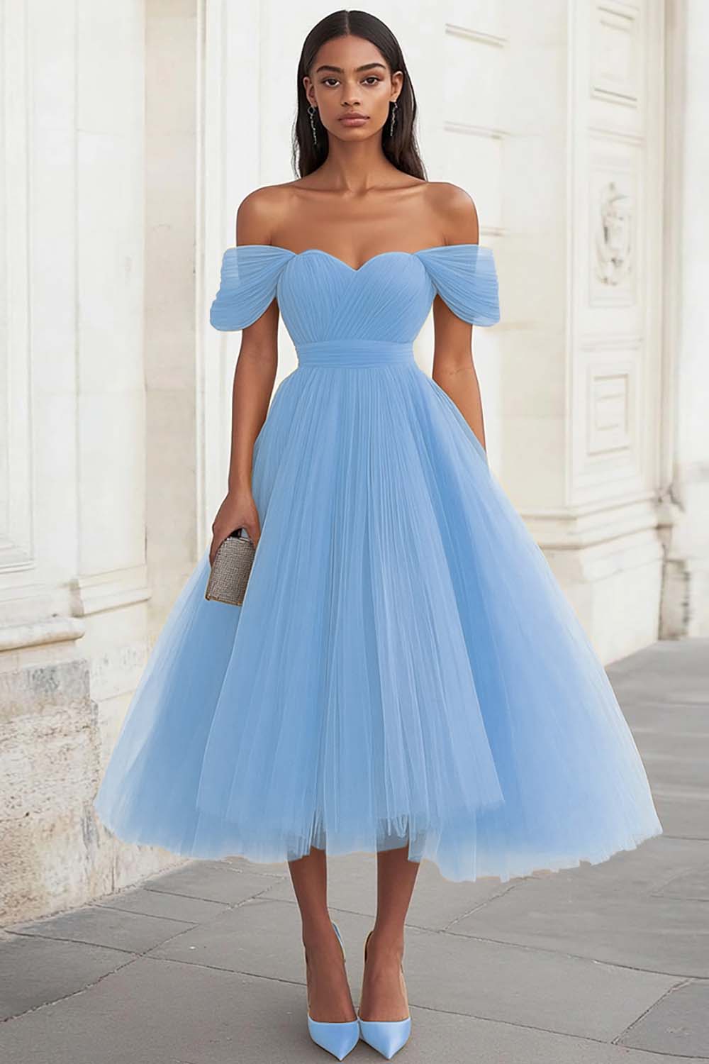 Yellow Off the Shoulder Tulle Pleated Long Prom Dress - Image 13