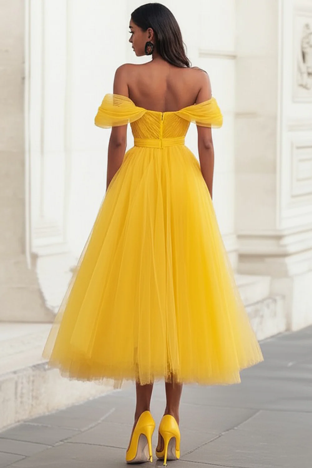 Yellow Off the Shoulder Tulle Pleated Long Prom Dress - Image 2