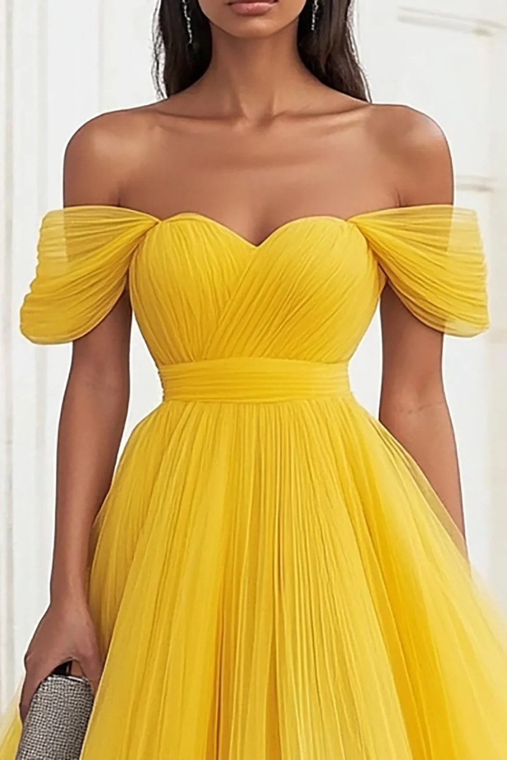 Yellow Off the Shoulder Tulle Pleated Long Prom Dress - Image 3