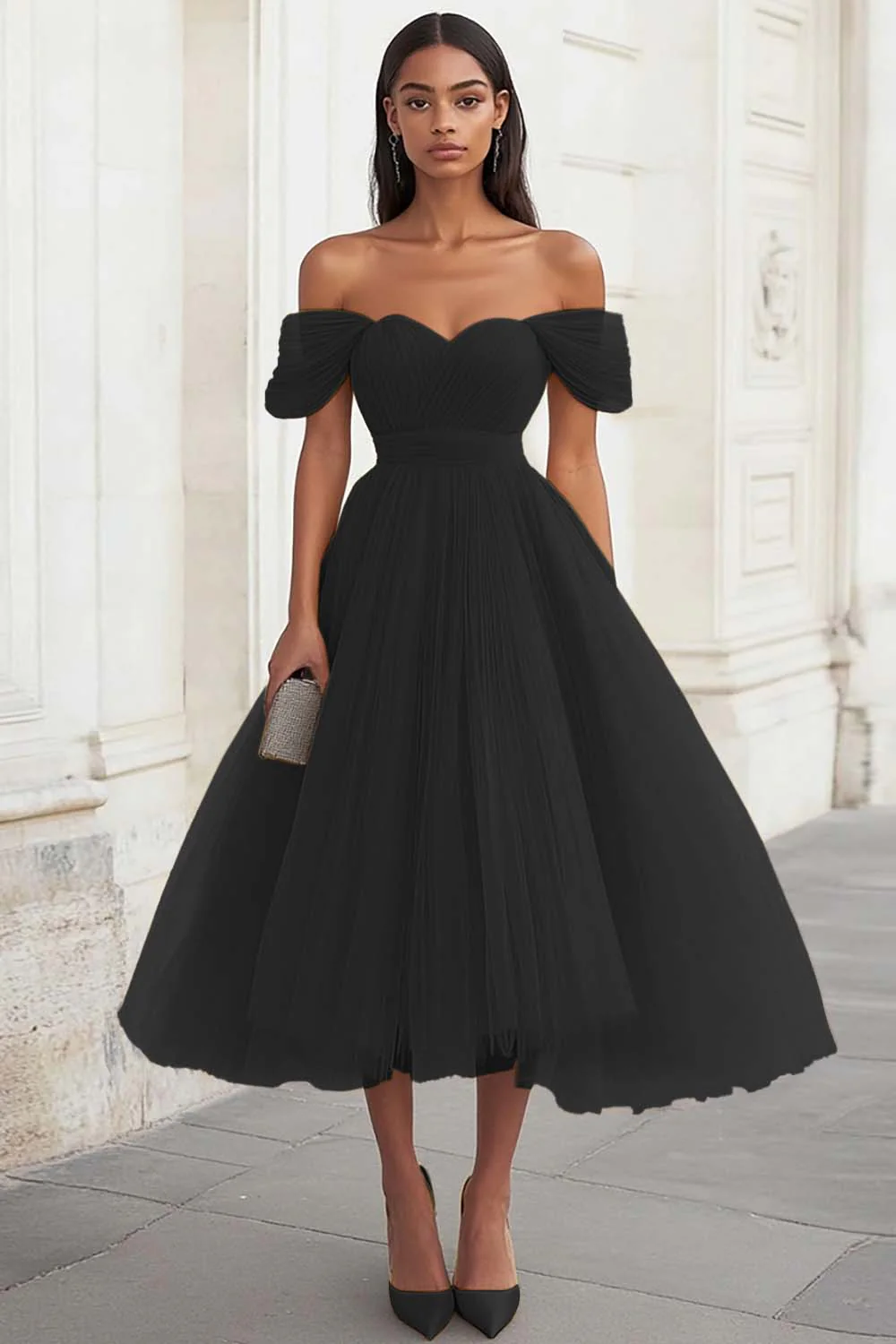 Yellow Off the Shoulder Tulle Pleated Long Prom Dress - Image 4