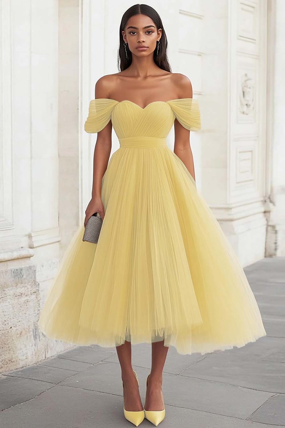 Yellow Off the Shoulder Tulle Pleated Long Prom Dress - Image 5