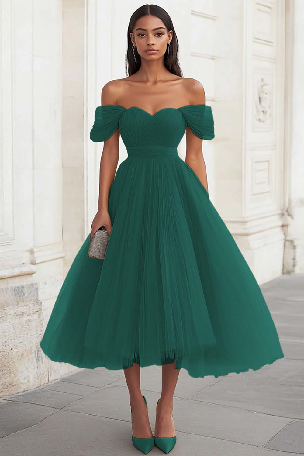 Yellow Off the Shoulder Tulle Pleated Long Prom Dress - Image 6