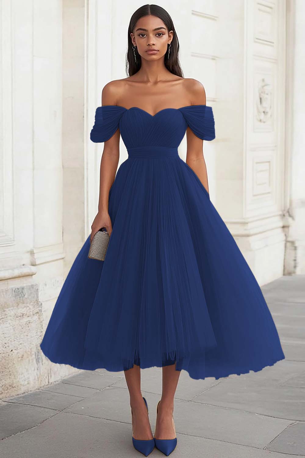 Yellow Off the Shoulder Tulle Pleated Long Prom Dress - Image 7