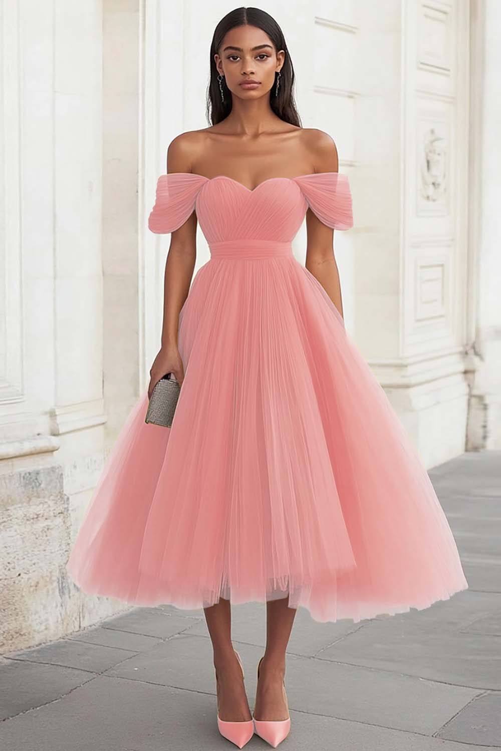 Yellow Off the Shoulder Tulle Pleated Long Prom Dress - Image 8