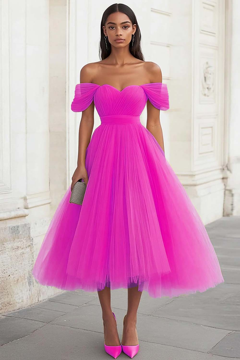 Yellow Off the Shoulder Tulle Pleated Long Prom Dress - Image 9